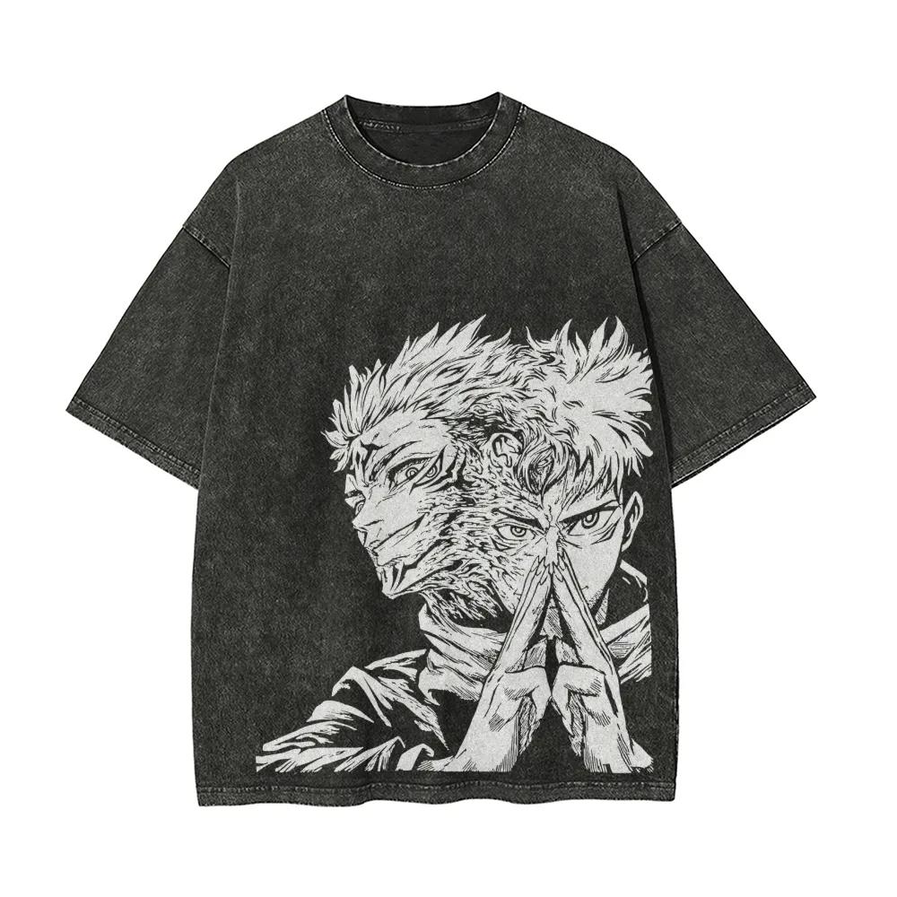 

Jujutsu Kaisen Yuji Itadori Sukuna T Shirt Men Acid Wash Oversized Streetwear Anime Double Face Sketch Cotton Vintage Top Tee M