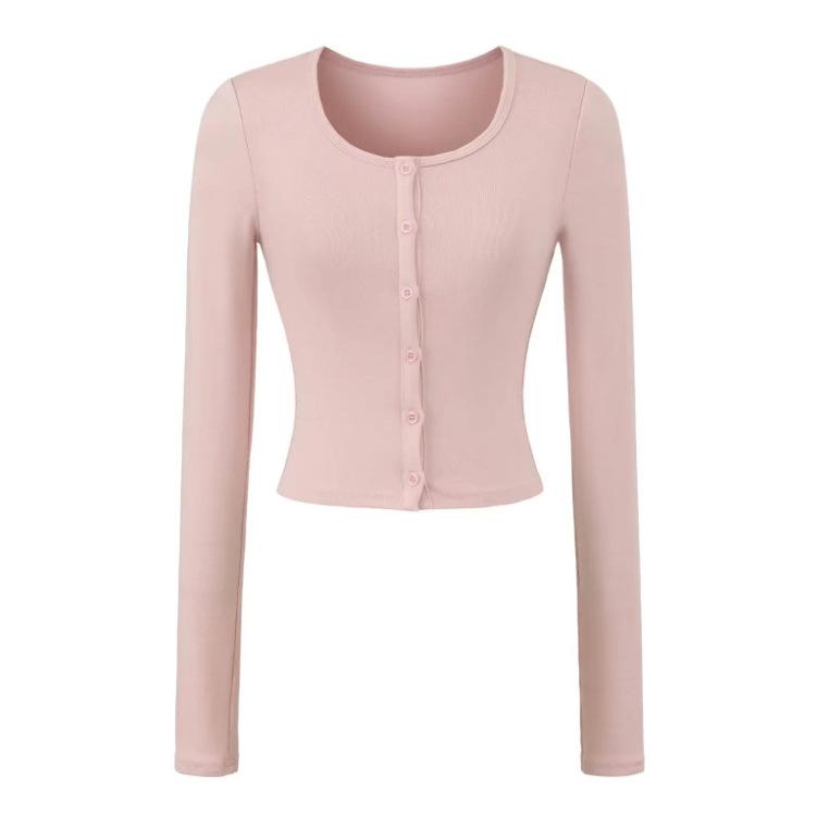 Crew Neck Long-sleeved Cardigan T-shirt Women's Autumn New American Spice Girl Style Slim-fit Solid Color Single-breasted Bottoming Shirt