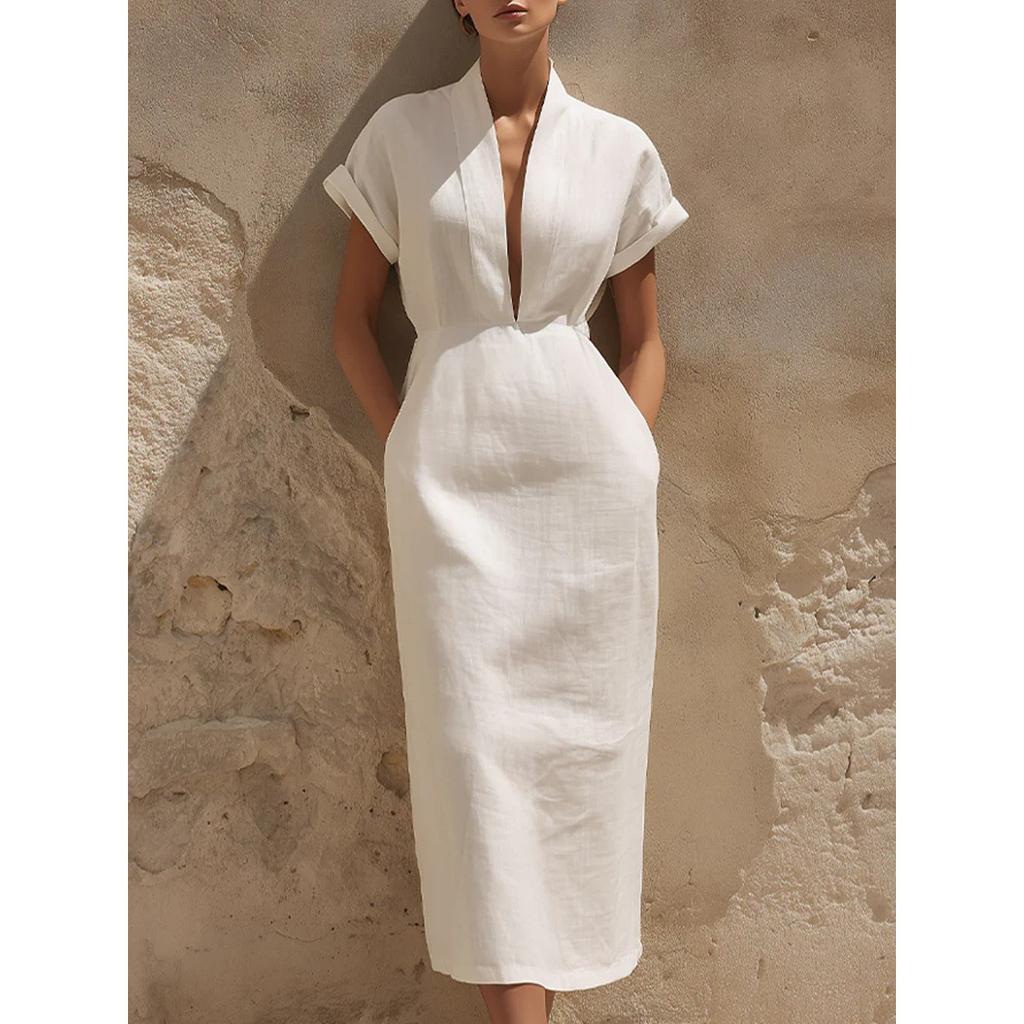 Frühlings-Damen-Einfarbiges Bodycon-Midikleid, Elegantes V-Ausschnitt-Taillenbetontes Langkleid für den täglichen Weg zur Arbeit, Europäischer Amerikanischer Stil