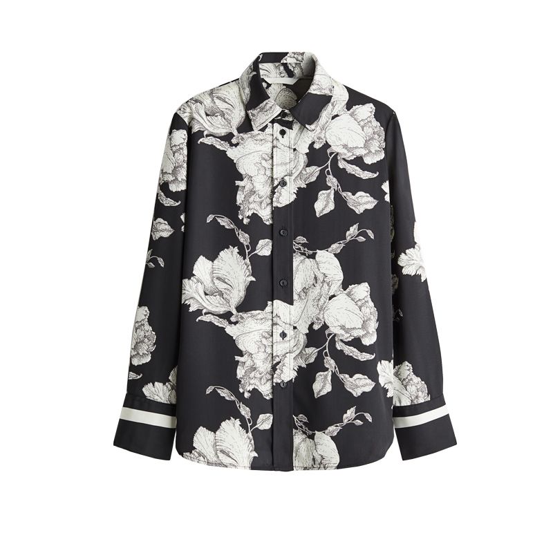 

Spring New Women s Clothing Print Diagonal Cloth Shirt 1273622 Drawstring Twill Pants 1273623 Black Tops L