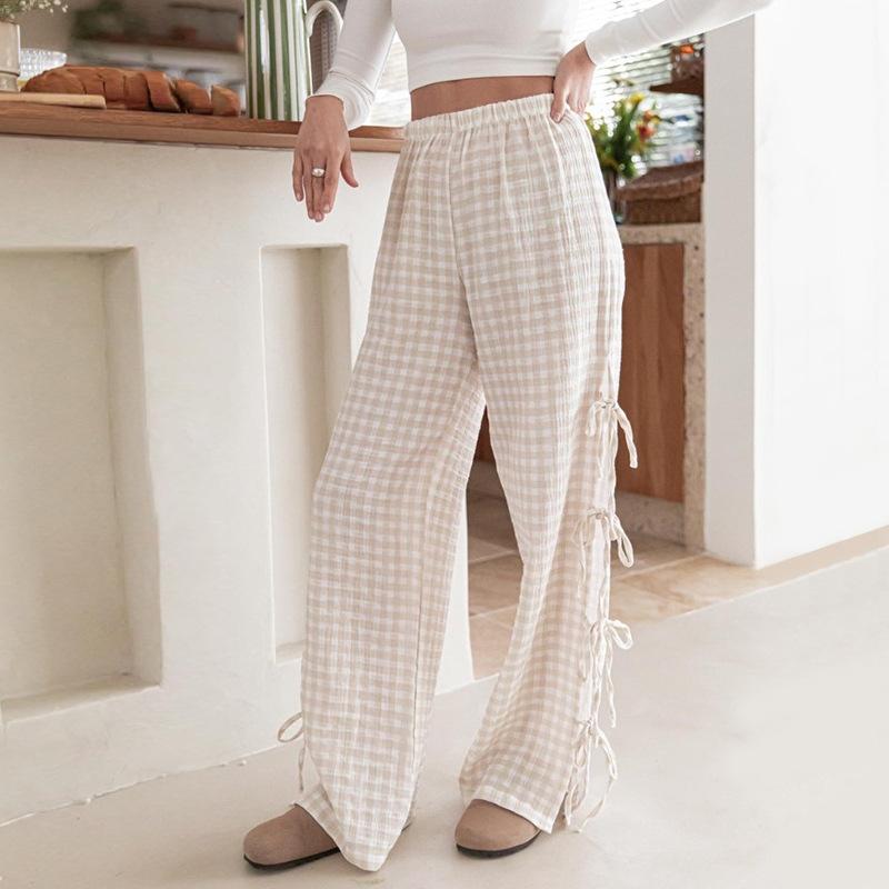 Pantalon Long Décontracté d'Automne pour Femmes à Taille Élastique, Imprimé Plaid, avec Lacets à Nouer