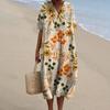 Vintage Floral Print Bohemian Summer Dress Women Loose V Neck Short Sleeves Knee Length A Line Beach Dating Midi Dress