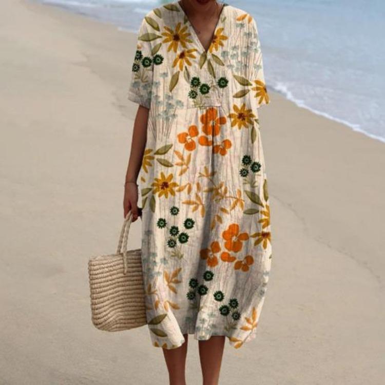 Vintage Floral Print Bohemian Summer Dress Women Loose V Neck Short Sleeves Knee Length A Line Beach Dating Midi Dress