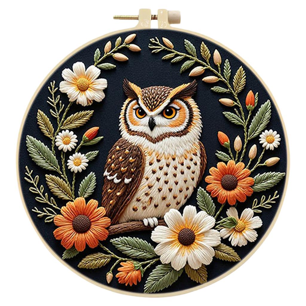 DIY Night Owl Stamped Embroidery Starter Kit with Bamboo Hoop Complete Needlework Craft Kit for Beginners Adults Craft Lover