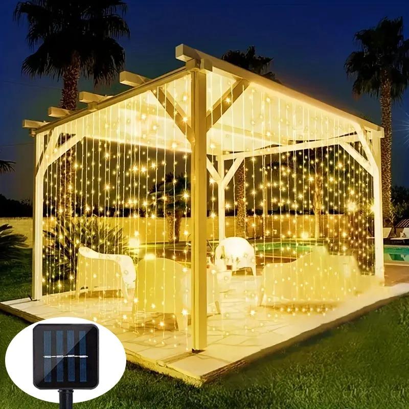100/200/300 LED Solar Courtyard Curtain Lights Outdoor Waterproof Fairy String Lights With 8 Modes for Garden Window Bedroom Wedding