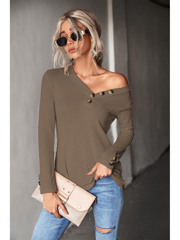 2024 Sonbahar Kadın Düz Renk Waffle Düğmeli Üst - Avrupa & Amerikan Stili