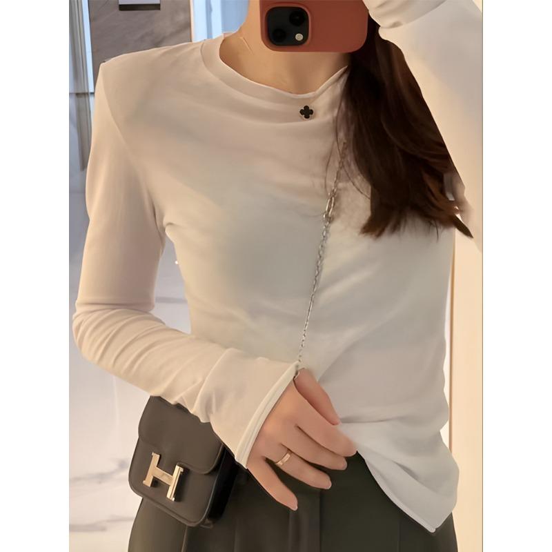 Solid color thin long-sleeved top women's curled edge basic shirt autumn slim-fit versatile bottoming shirt