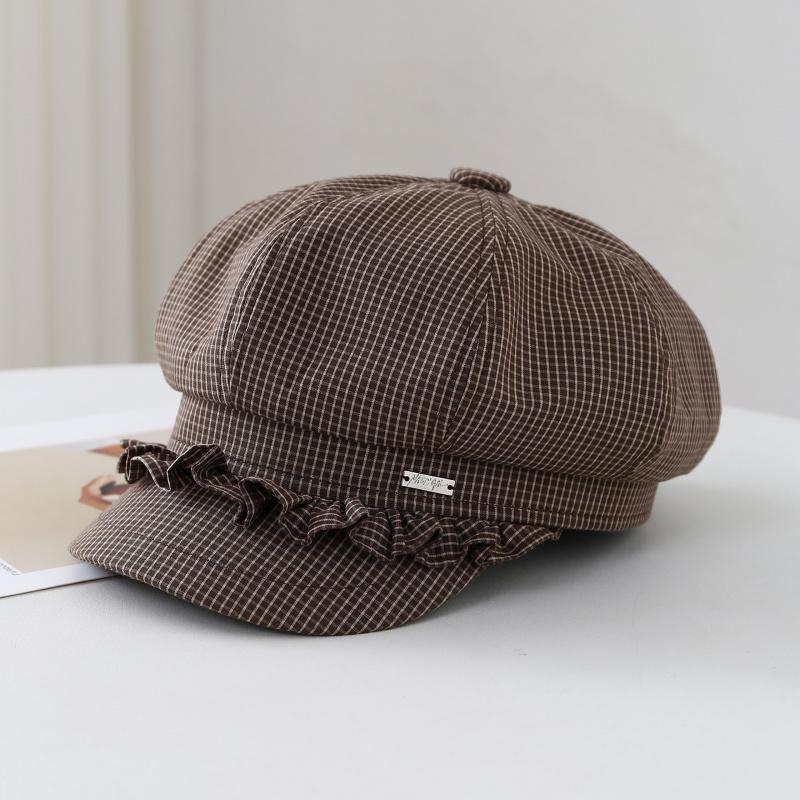 Berretto Ottagonale a Quadri e Righe Berretto da Donna, Primavera Estate Pizzo Carino Sottile Cappello da Pittore Femminile Vintage Nuovo