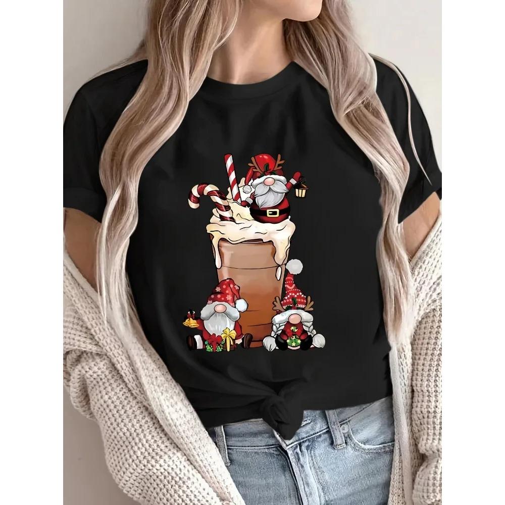 

Женская футболка с коротким рукавом с рождественским гномом и Санта-Клаусом, повседневный топ с круглым вырезом, наряд для праздничной вечеринки, футболка с забавным принтом 6XL