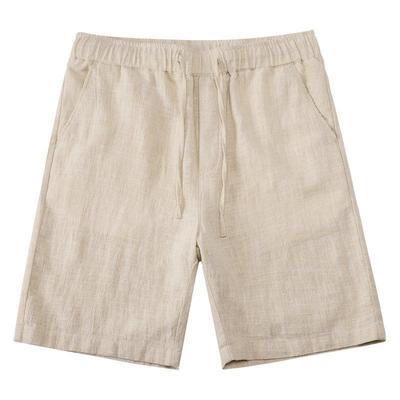 Thin Khaki Cotton Linen Cropped Shorts for Men, Solid Color, Loose Straight Leg, Elastic Waist, Beach Casual Shorts