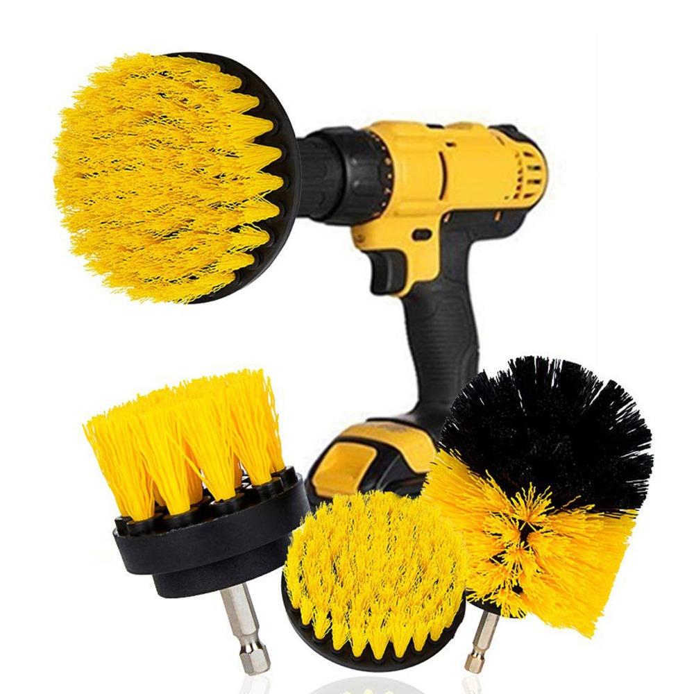 4pcs Yellow Electric Drill Cleaning Brush Car Detailing Drill Brush Set Floor Cleaning