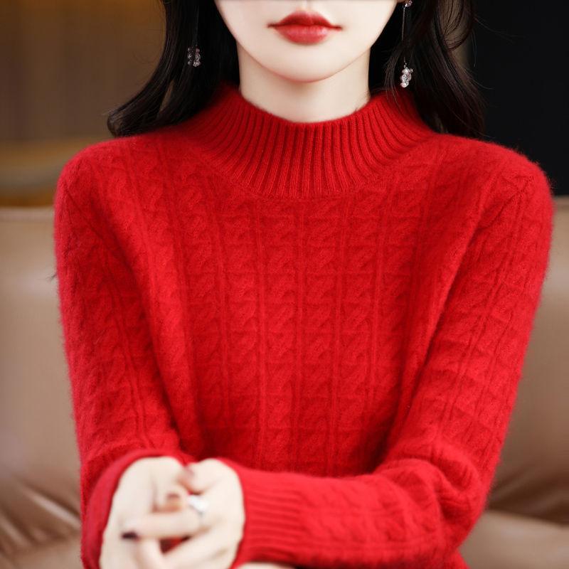 Semi-high-neck Knitted Sweater for Women Solid Color Loose Autumn and Winter Pullover Warm Sweater for Women