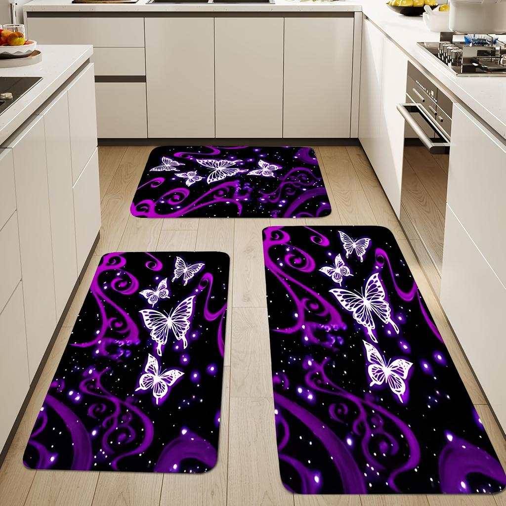 1 Stück Lila Schmetterlingsmuster Fußmatte Modern Küche Polyester Teppich Rutschfest Bunt Innen Teppich, Für Zuhause Badezimmer Schlafzimmer Wohnzimmer Dekor