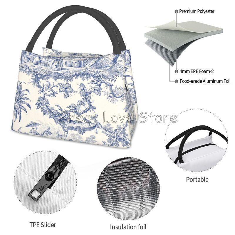 French Toile De Jouy Thermal Lunch Bag Unisex Portable Insulated Cooler Bento Tote Bag for Picnic Work Reusable Packed Lunch Box
