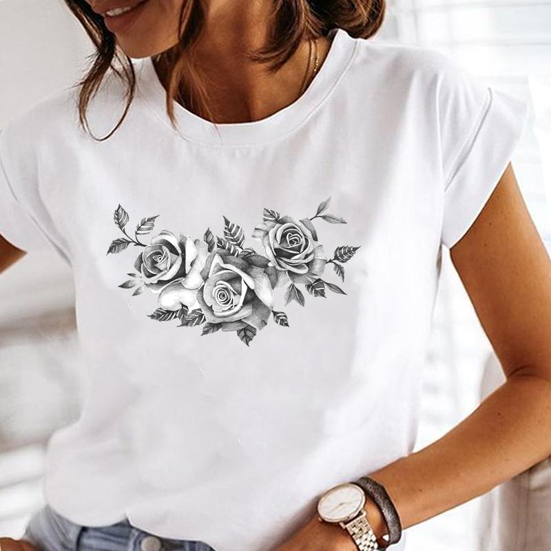 (European Size) Summer Fashion Women Plant Lovely Flower Trend Cute Short Sleeve Print Tee Top Tshirt  Lady Female Clothing  Casual Graphic T-shirt