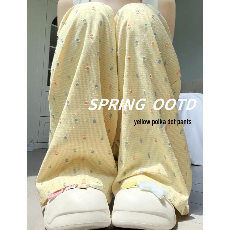 

Women s 2024 Summer Yellow Polka Dot Wide-Leg Ice Silk Pants M (96-105 lbs)