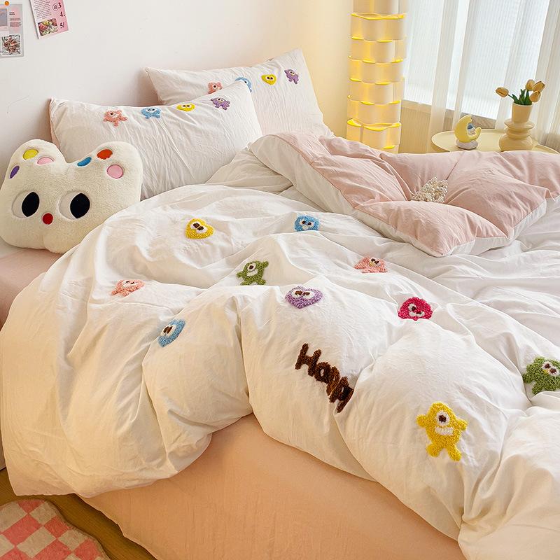 Ultra-soft Pure Cotton Four-piece Set Solid Color Soft and Comfortable Embroidered Four-piece Set Cartoon Skin-friendly Breathable Bedding
