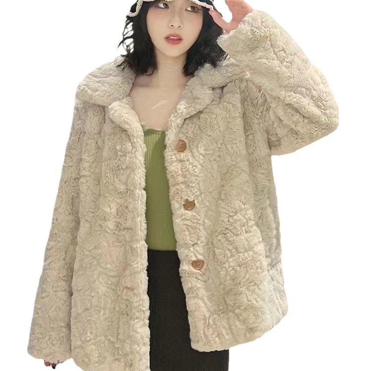 Autumn and winter new women's imitation rabbit hair brush flower small square collar lamb wool thickened imitation fur jacket women's short fashion