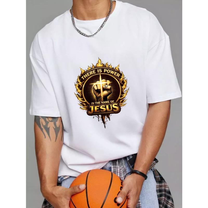 

Men s White T-Shirt with Jesus Power Fist Design for Religious and Faith-Based Occasions S