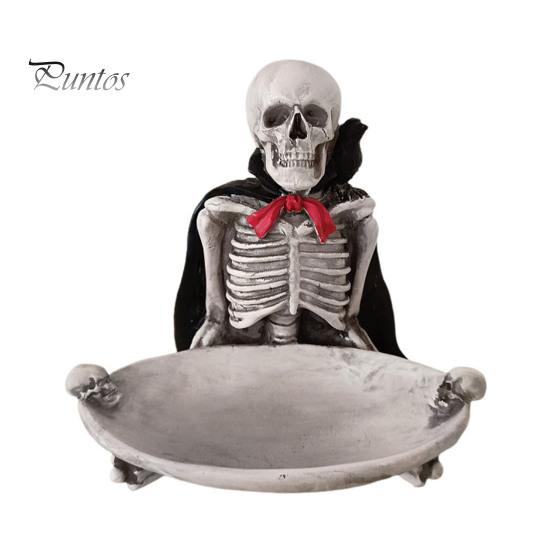 Dark Aesthetic Ornament Halloween Skeleton Decorative Tray, Gothic Storage Tray with Black Cape Red Figurine Bow, Multifunctional Desktop Organizer