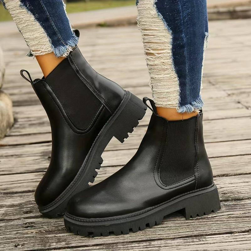 Women's Fall Winter Chunky Heel Round Toe Thick Sole Fleece-Lined Martin Ankle Boots.