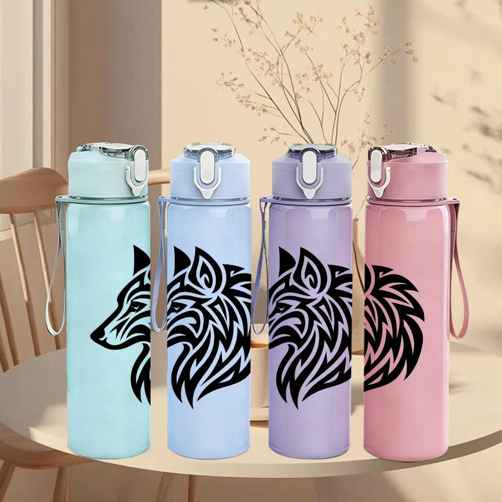 1PC Black Wolf Head Silhouette 750ml Color Plastic Sports Water Bottle Leakproof Flip Straw Lid Suitable for Sports Office Home Use