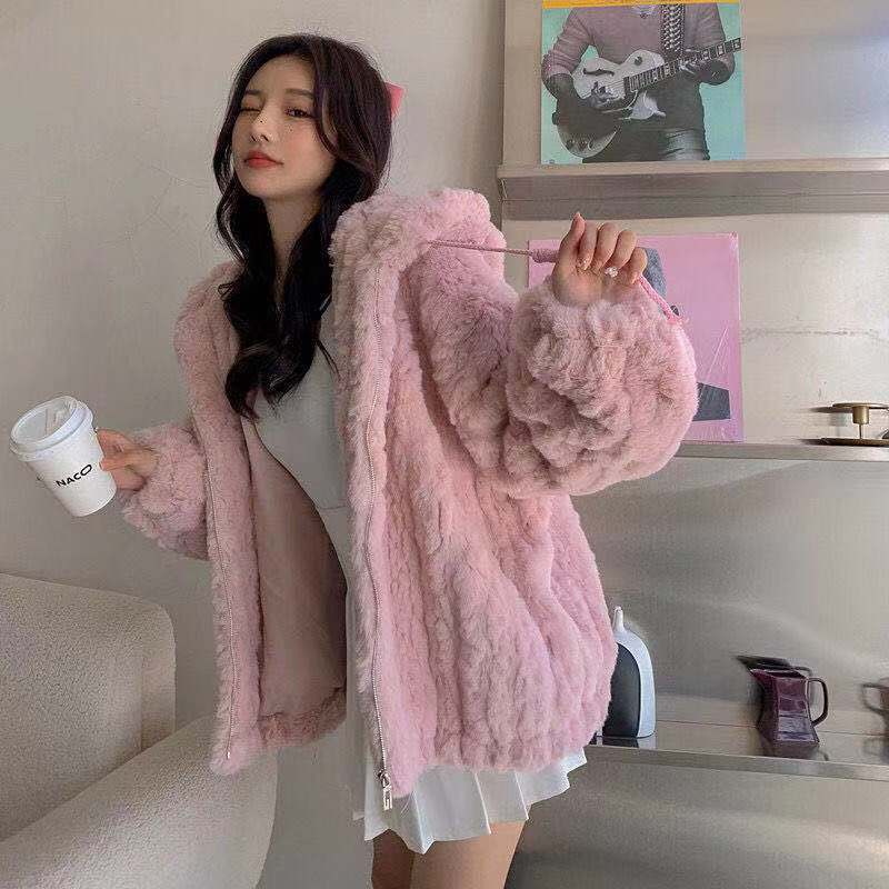 Lamb Wool Imitation Fur Coat Women's New Winter Cotton Thickened Lazy Wind Hooded Cardigan Sweater
