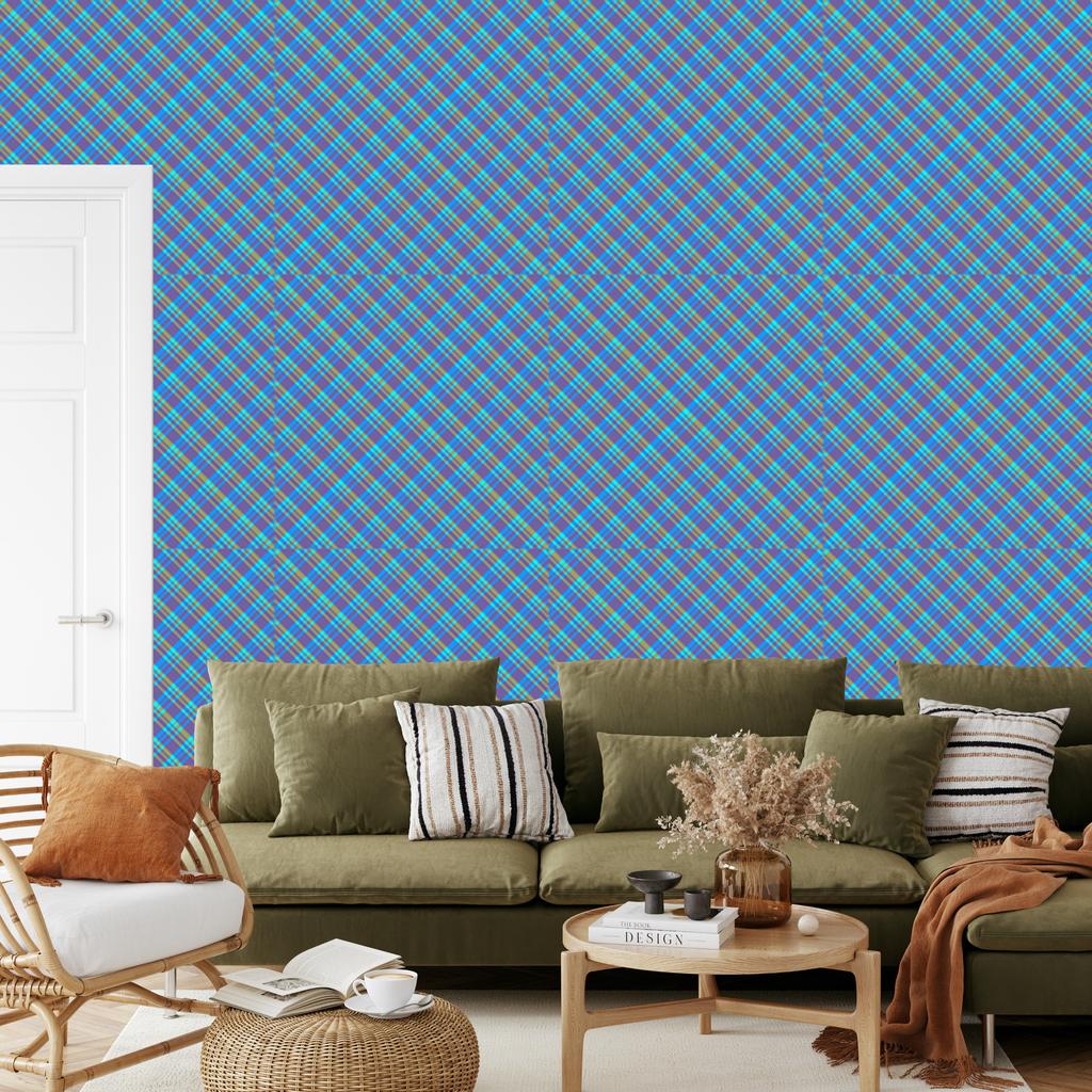 Blue and turquoise checkered wallpaper for living room and bedroom 50x1000