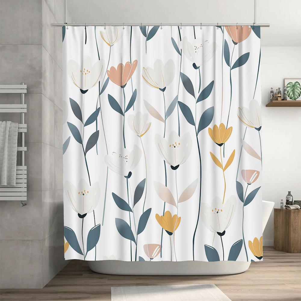 Fashion Bath Curtains with Flower Patterns Modern Shower Drapes for Bathroom Decor in White Grey