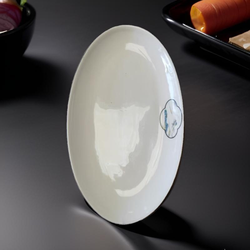 SIFAR 14-inch Oval Landscape Ceramic Fish Plate with Blue Rim