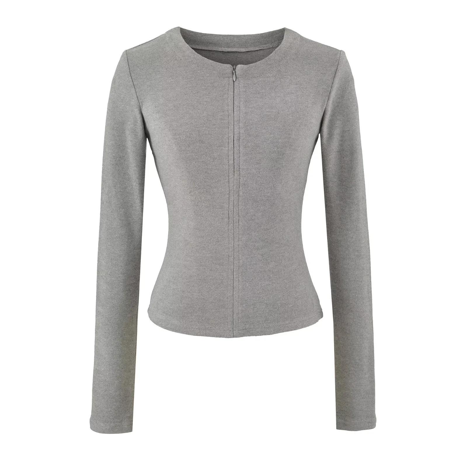 American Spicy Girl Women s Slimming Half-Zip Long-Sleeve Cropped Top Large светло-серый