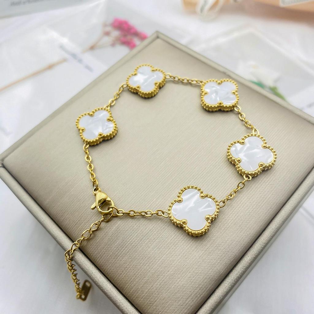 Vierblättriges Kleeblatt Armband Doppelseitige Muschel Halskette Damen Nicht verblassendes Exquisites Armband für Freundin Muttertagsgeschenk