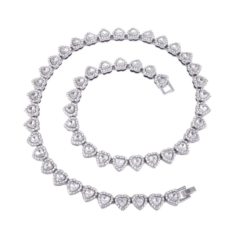 45CM New Shiny Heart Rhinestone Necklace Hip Hop Tennis Chain Bracelet Fashion Rock Party Jewelry
