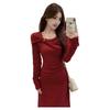 Elegant Red Knitted Waist-Cinched Dress for Women - Autumn/Winter 2026 