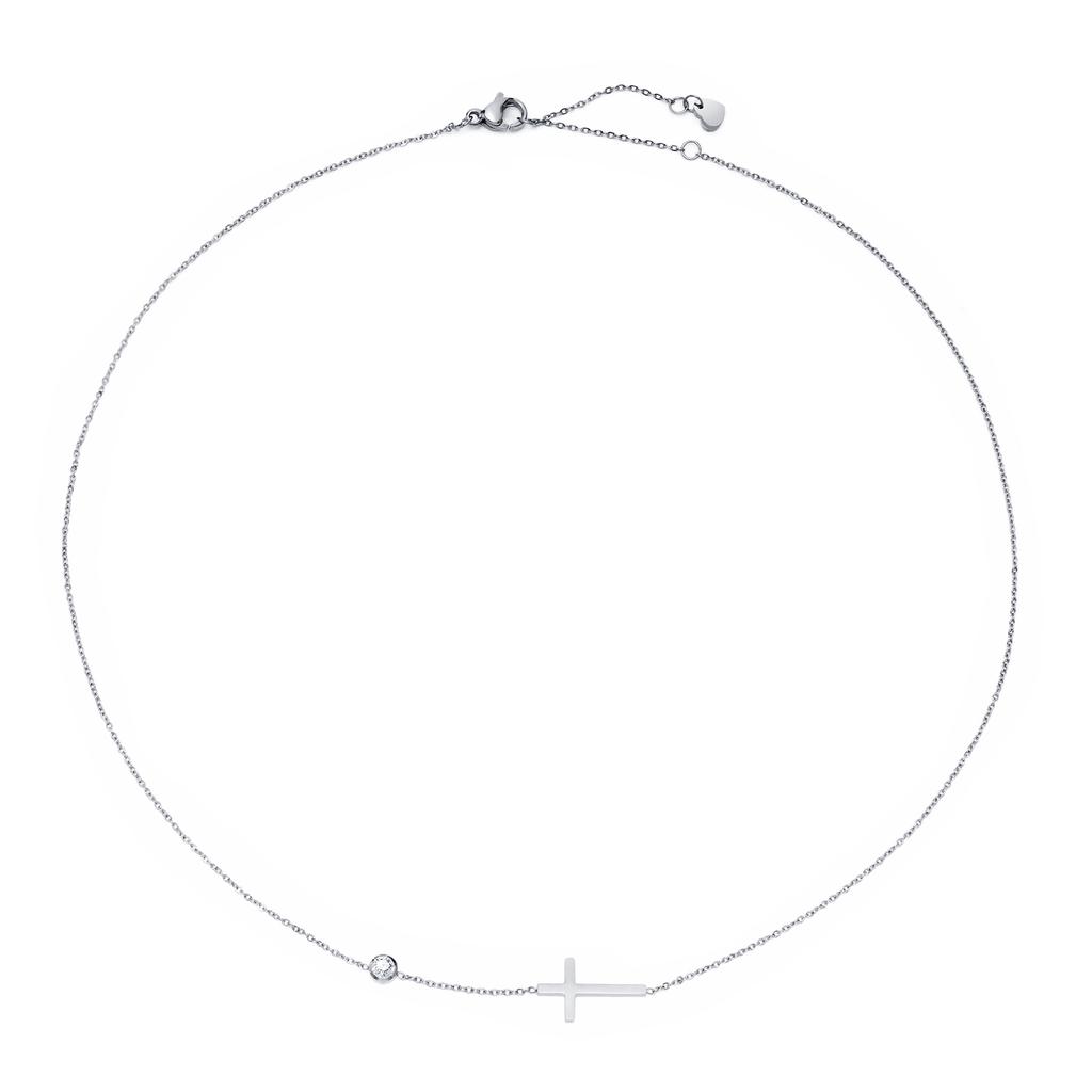 Delicate Petite Sideway Cross Necklaces Pendant Women Stainless Steel Thin Chain Link Christian Jewelry