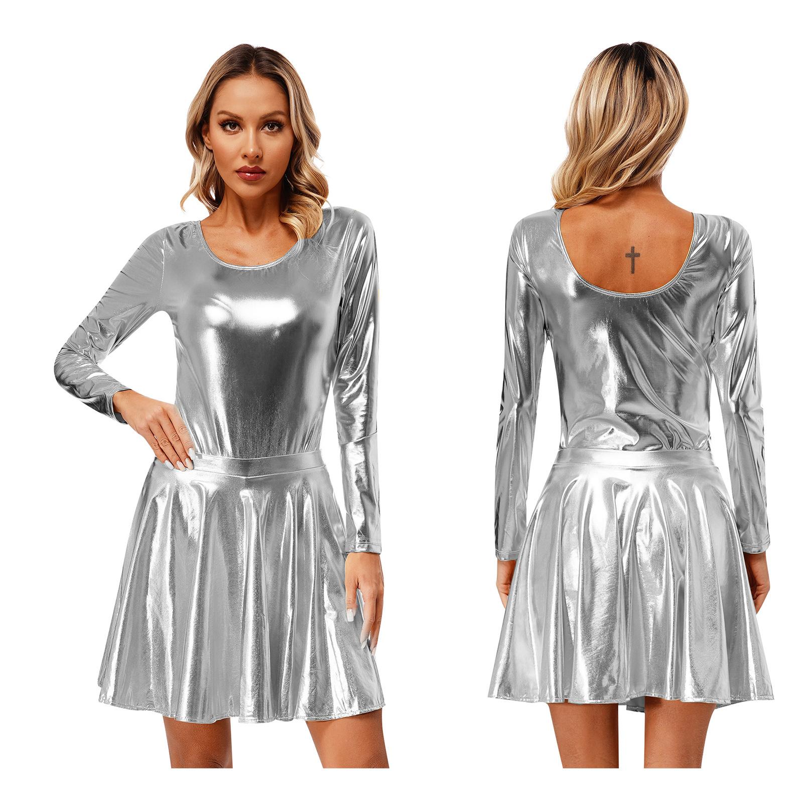 

Жіноче блискуче металеве гімнастичне купальник і плісировані спідниці Спортивний танцювальний одяг XL срібний