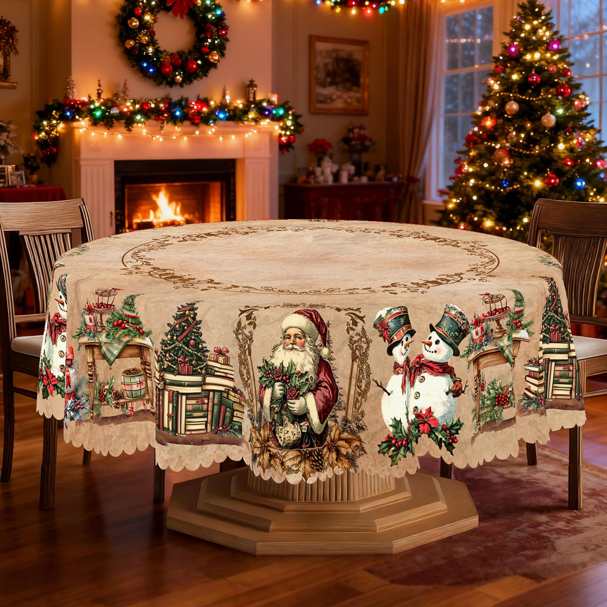 Kerst Vintage Boerderij Tafelkleed met Kerstman, rendieren & Kerstboom prints. Rechthoekige & ronde maten voor Kerst/Nieuwjaarsfeesten, keuken, binnen & 152X305Cm
