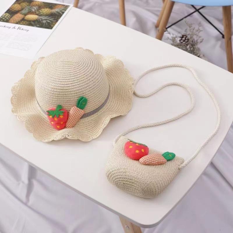 Small fresh carrot sun protection sun hat children's summer beach hat wavy straw hat sun hat bag set
