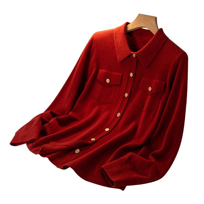 2025 Fall/Winter Women's Cashmere Polo Collar Tie-Up Cardigan with Long Sleeves
