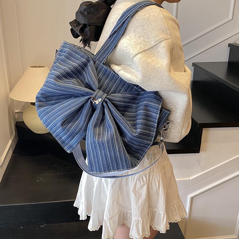 Korean Version of Canvas Bag Literary Niche Underarm Bag Women's 2025 New Large-capacity Bow Denim Tote Bag
