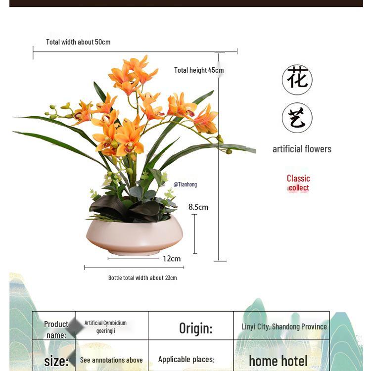Umelé kvetinové aranžmán s orchideou Cymbidium pre obývaciu izbu, jedálenský stôl alebo na vystavenie na TV skrinke