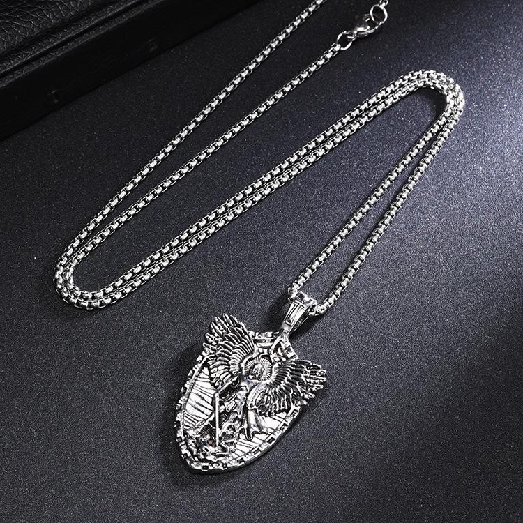 Saint Michael Men's Vintage Shield Titanium Steel Angel Ornament Pendant Necklace