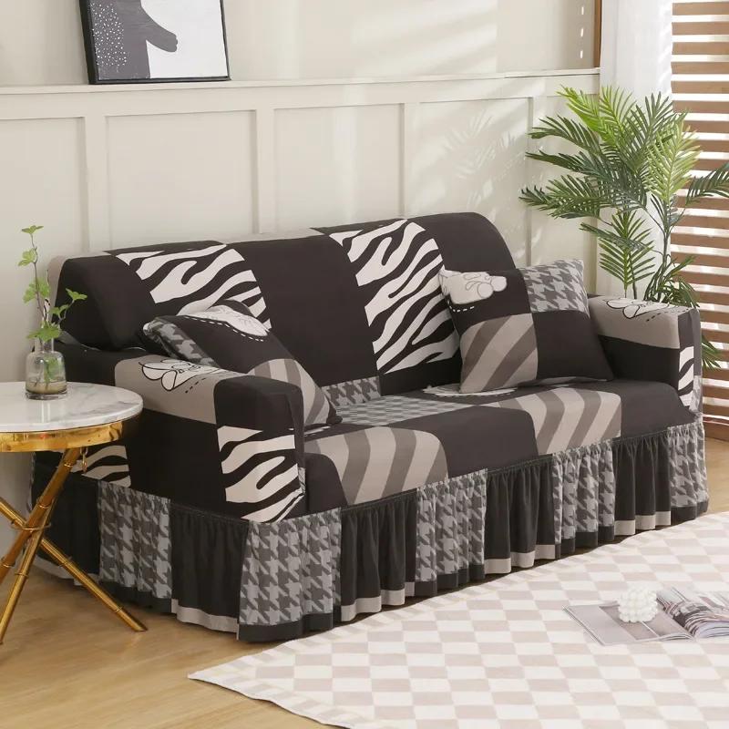 Capa de sofá elástica simples estilo saia inclusiva antiderrapante decoração de sala de estar capas de assento