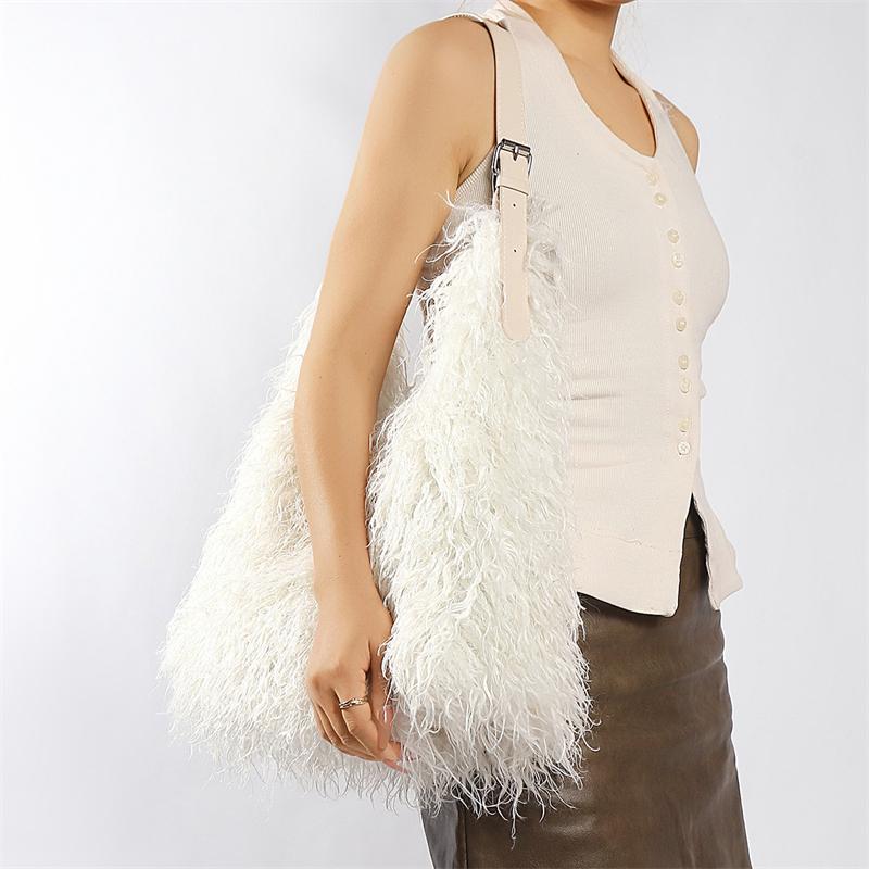 Yogodlns Large Capacity Fluffy Fur Shoulder Bag Y2k Fashion Plush Women Commute Shoulder Bag Tote Casual Winter Shopping Underarm Handbag
