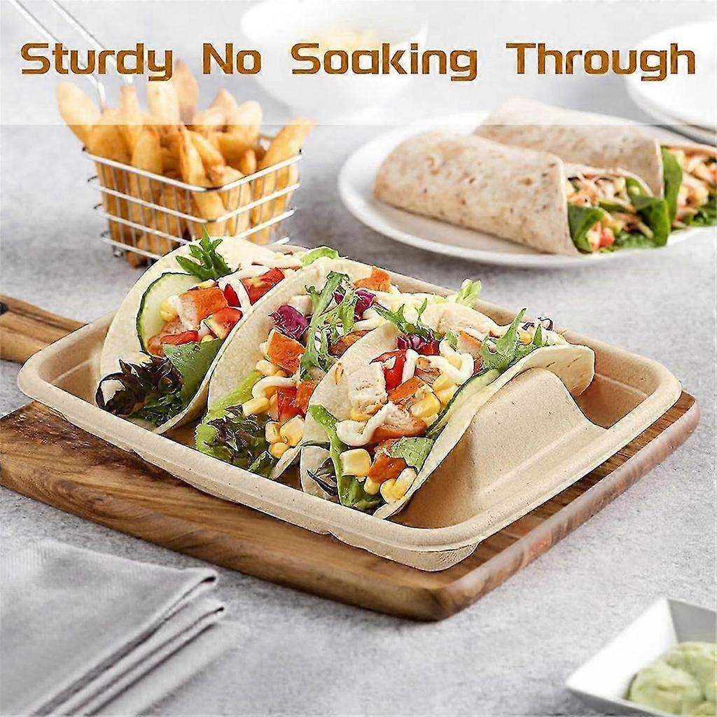 Biodegradable Compostable Taco Trays 50-Pack, 3-Compartment Disposable Tableware for Party Supplies, Made from Sugarcane Fiber