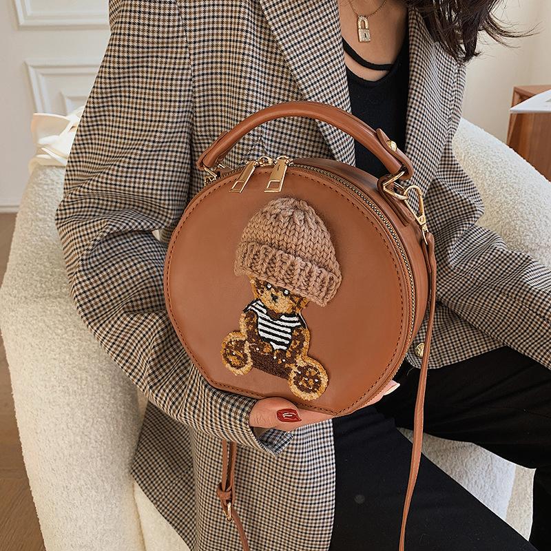 Cartoon small bag 2025 European and American fashion splicing bear cute handbag ins shoulder Internet celebrity small round bag women