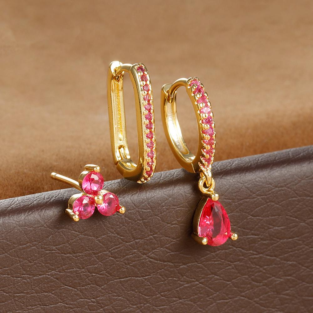 3PCS Fashion Water Drop Huggie Hoop Earrings Set for Women Three-petal Flower Stud Earrings Prevent Allergy Piercing Jewelry
