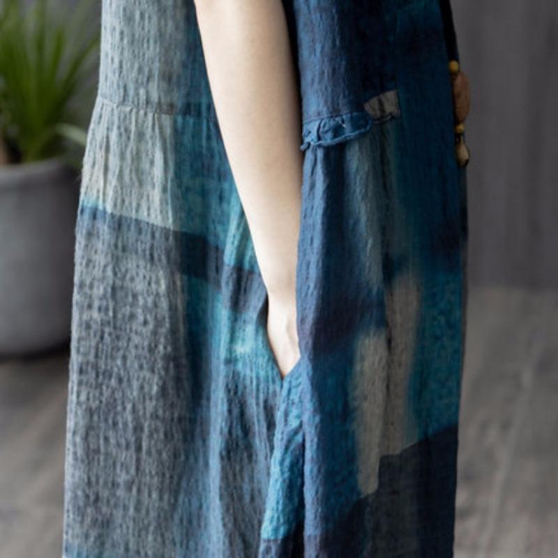 Summer Retro Loose Women's Cotton and Linen Plaid Dress