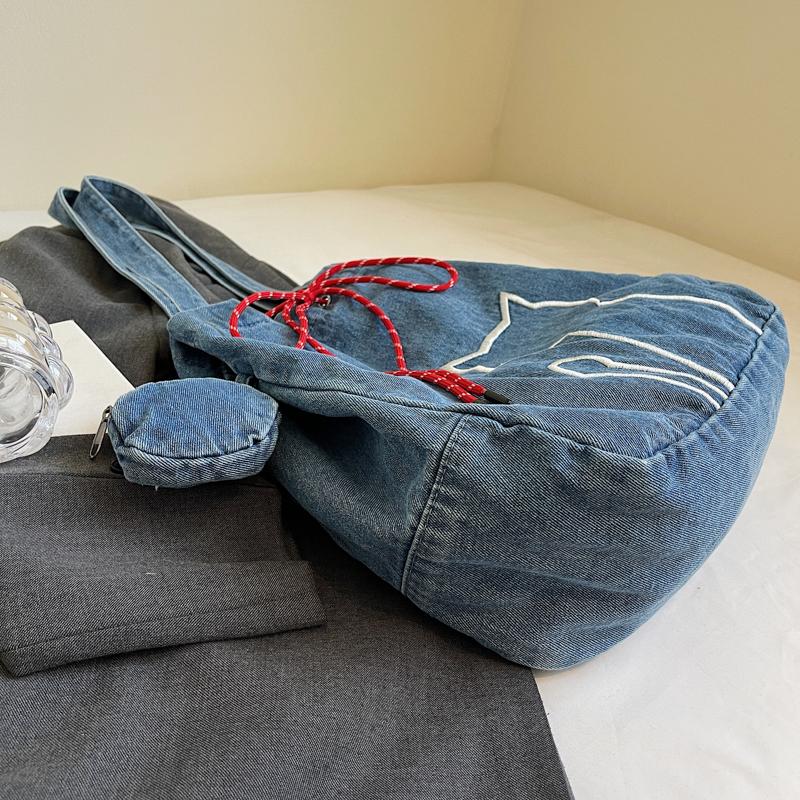 Large Capacity Kitten Embroidered Tote Bag Women Shoulder Bag Commuter Underarm Bag