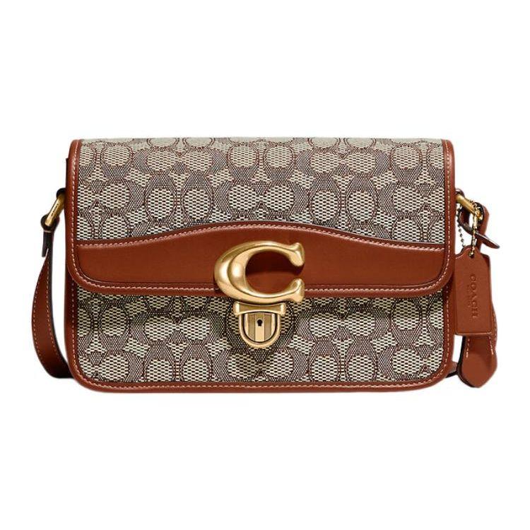 Coach Studio 25 Flap Lock Adjustable Shoulder Strap Jacquard And Glove Tanned Leather Shoulder Bag Crossbody Bag Medium Women Shoulder Bag C7933-B4TA7